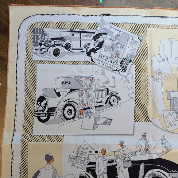 HERMES L'Elegance et le Confort en Automobile 70 cm Cream Silk Square Scarf RARE - Picture 11 of 16